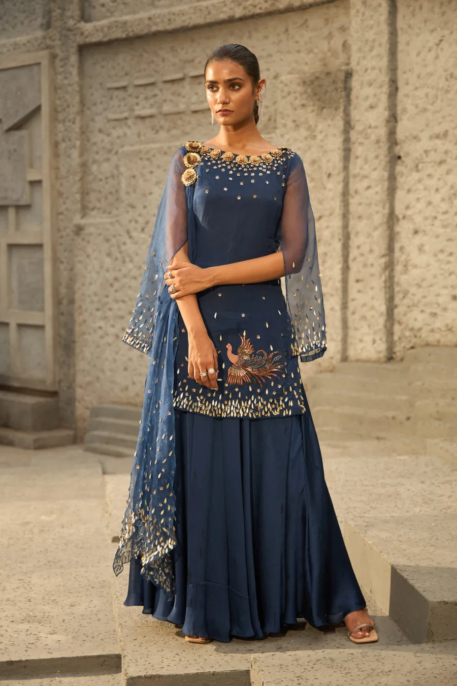 Midnight blue cape sleeves suit set