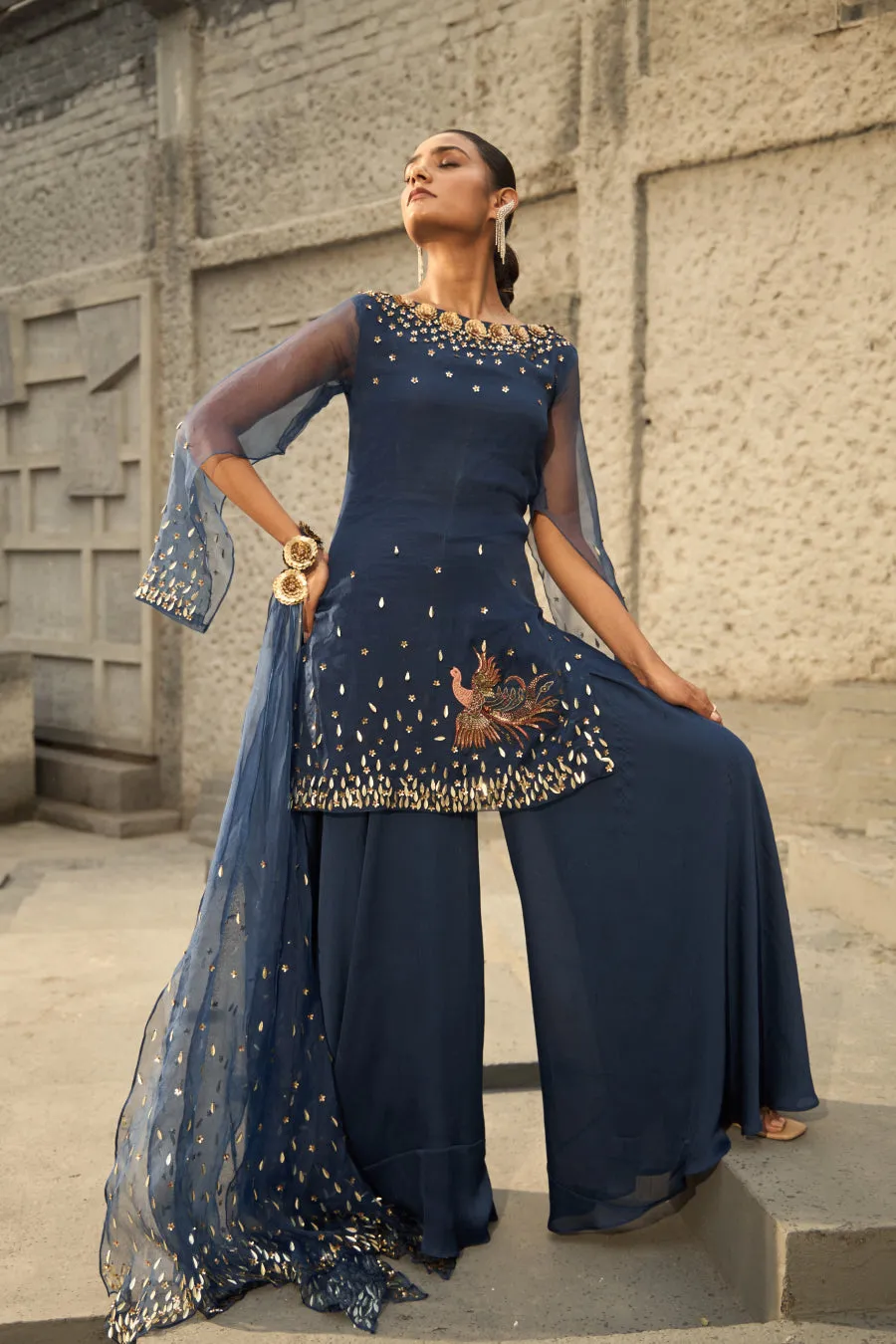 Midnight blue cape sleeves suit set