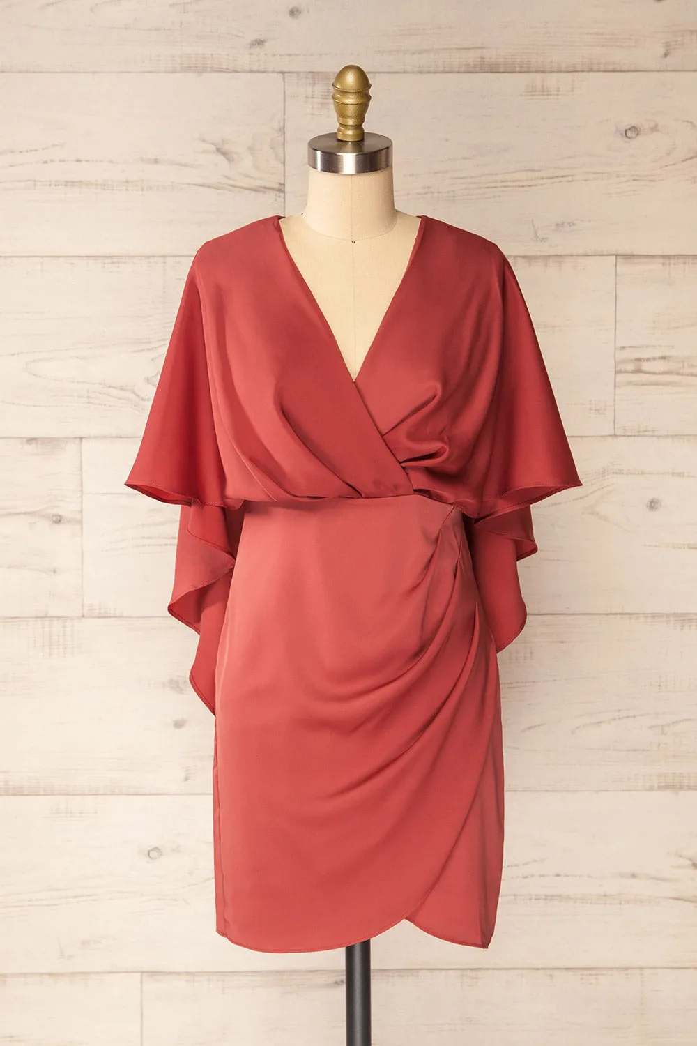 Milanoa Dark Pink | Short Satin Dress w/ Cape