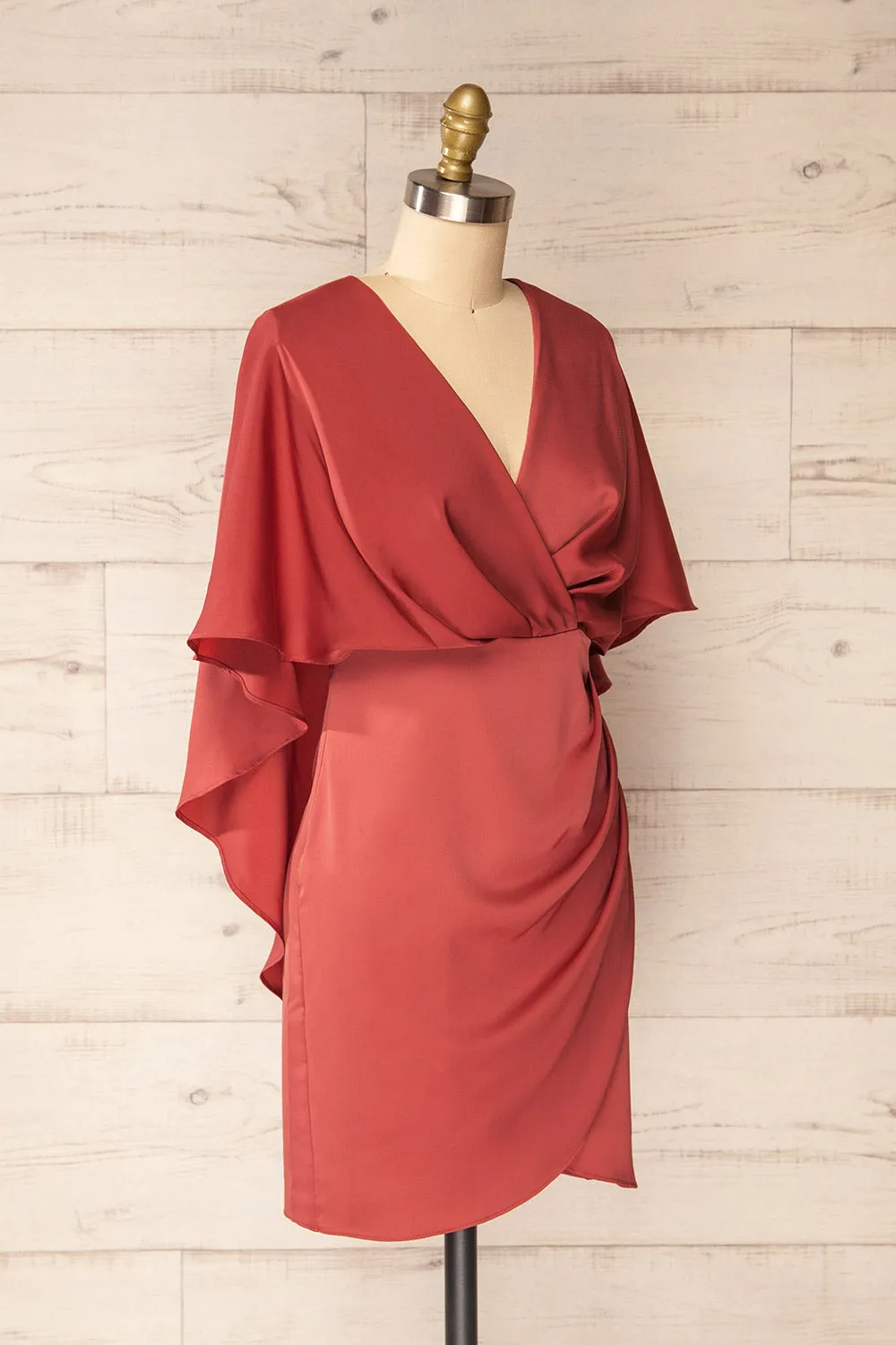 Milanoa Dark Pink | Short Satin Dress w/ Cape