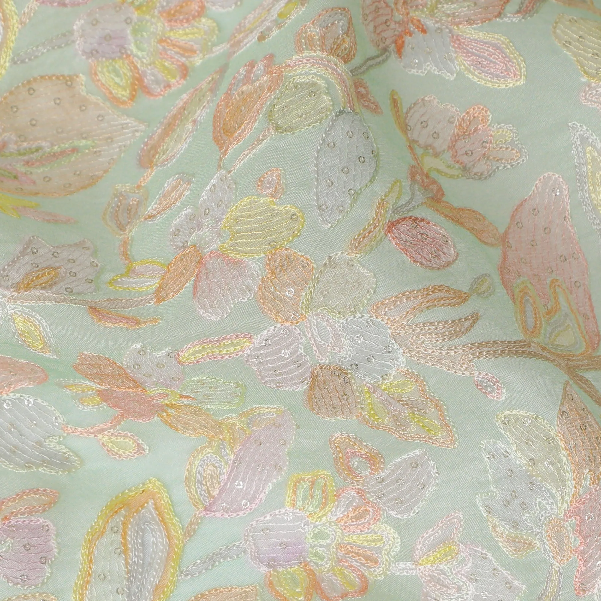 Mint Green Embroidered Silk Organza Fabric, Floral Design, 110 cm Width-D20105