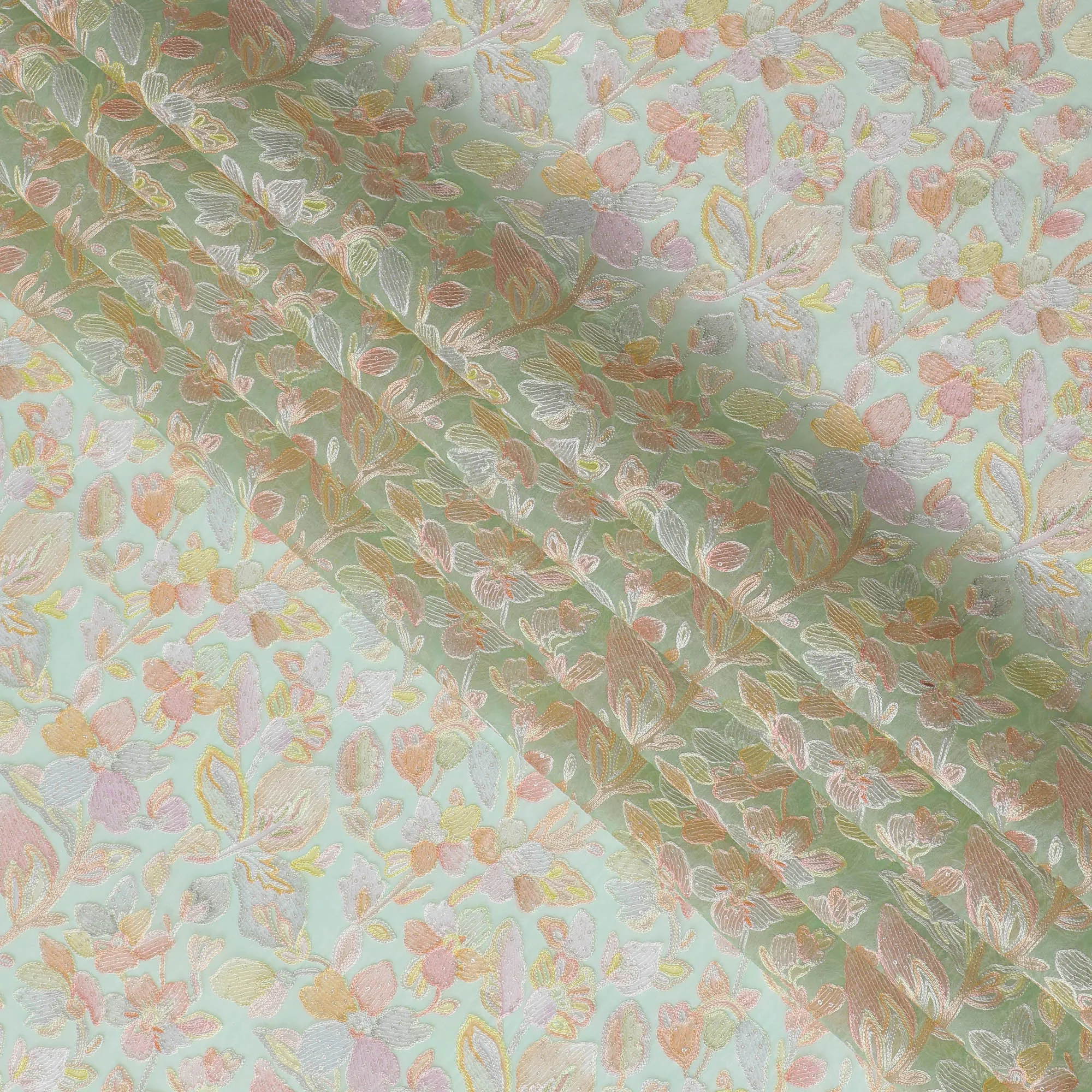 Mint Green Embroidered Silk Organza Fabric, Floral Design, 110 cm Width-D20105