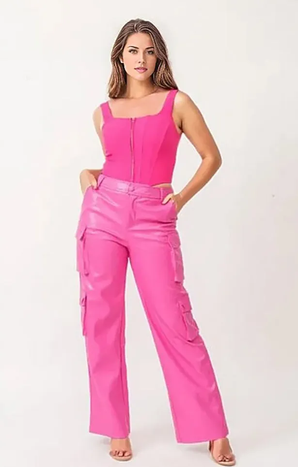 Molly Women's Genuine Leather Straight Leg Cargo Pants Pink