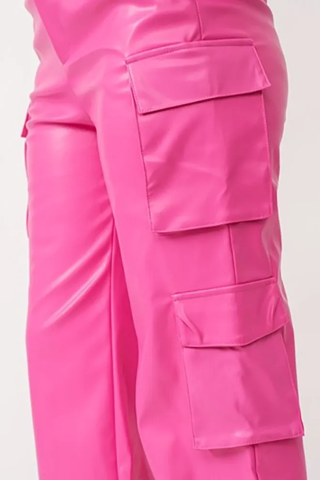 Molly Women's Genuine Leather Straight Leg Cargo Pants Pink