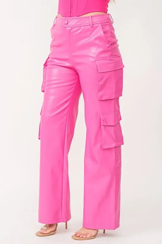 Molly Women's Genuine Leather Straight Leg Cargo Pants Pink