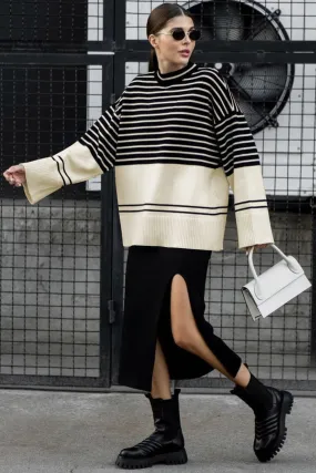 Multicolour Turtleneck Knitting Striped Loose Sweater Top