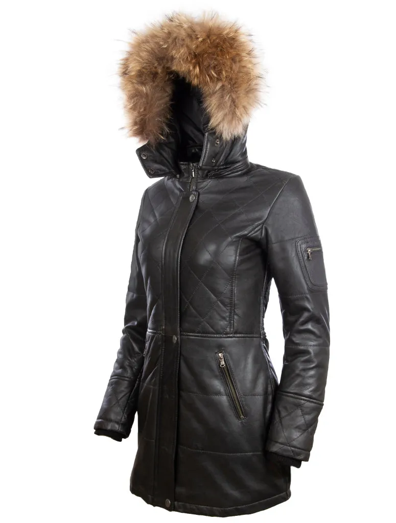 N5SQ Women's Trench Fur Hood Coat - Black