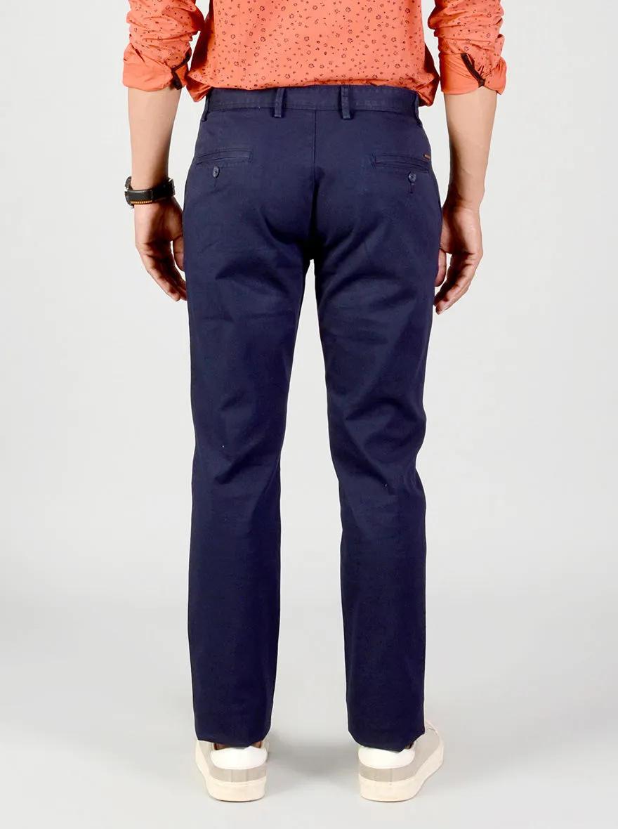 Navy Blue Self Textured Slim Fit Casual Trouser | Greenfibre