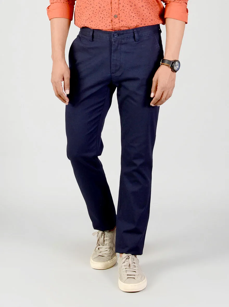 Navy Blue Self Textured Slim Fit Casual Trouser | Greenfibre