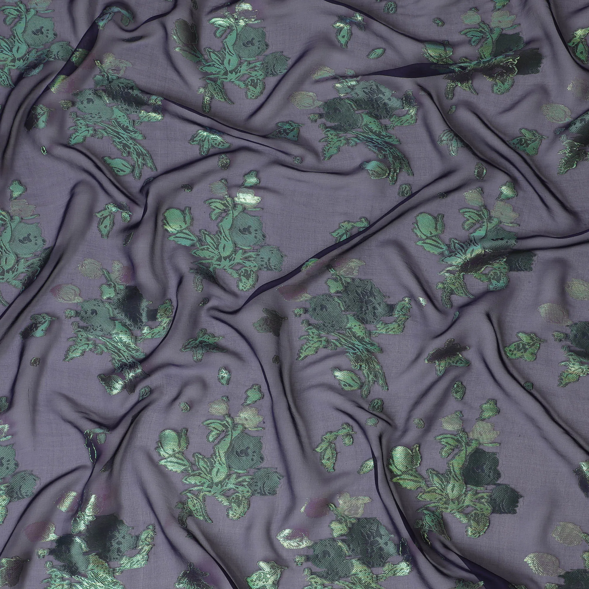 Navy Blue Silk Chiffon Fabric with Emerald Green Lurex Florals, 110 cm Width - Imported from South Korea-D20241