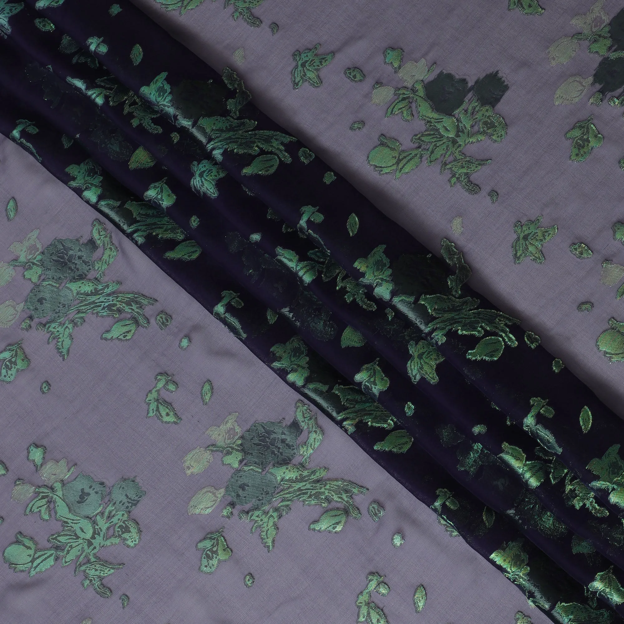 Navy Blue Silk Chiffon Fabric with Emerald Green Lurex Florals, 110 cm Width - Imported from South Korea-D20241