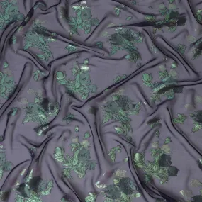 Navy Blue Silk Chiffon Fabric with Emerald Green Lurex Florals, 110 cm Width - Imported from South Korea-D20241