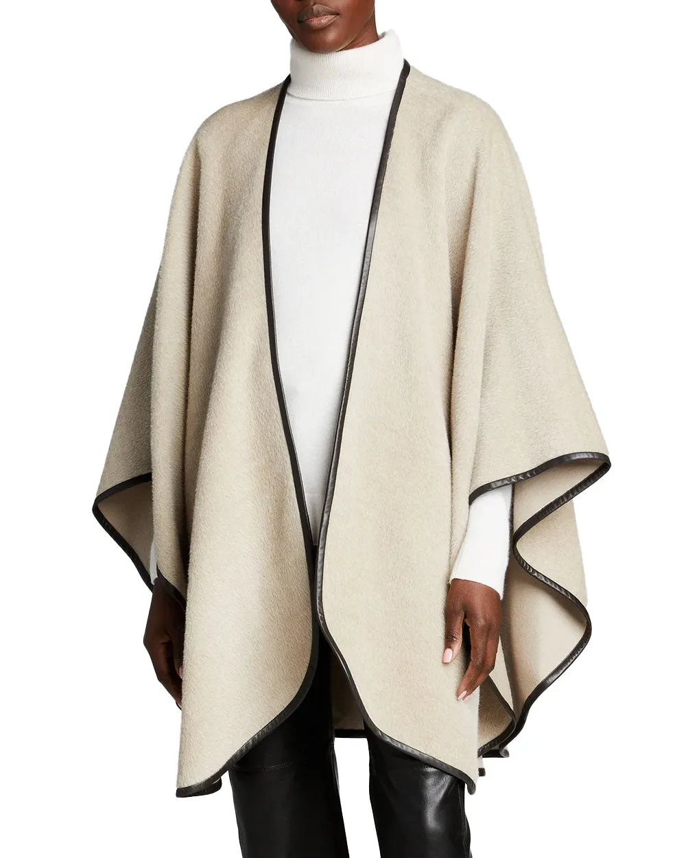 Oatmeal Baby Alpaca Leather Trimmed U-Cape