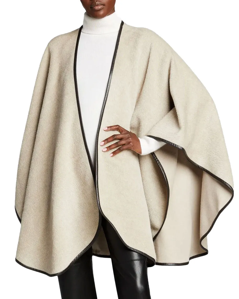 Oatmeal Baby Alpaca Leather Trimmed U-Cape