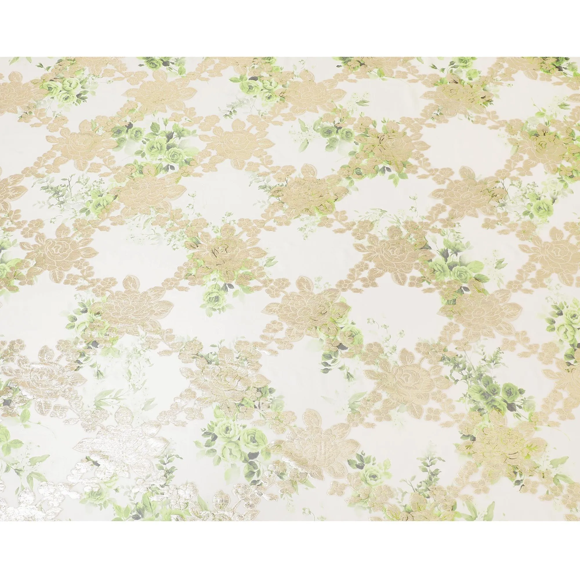 Off white pure silk chiffon fabric with pastel green print having gold metallic lurex in floral design-D8328