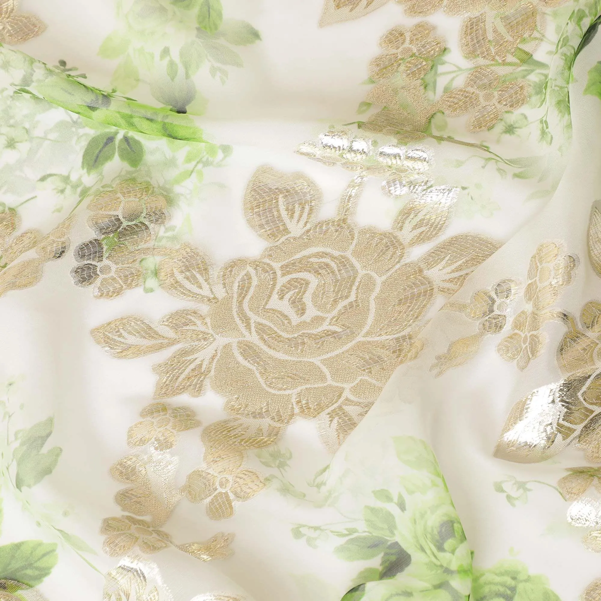 Off white pure silk chiffon fabric with pastel green print having gold metallic lurex in floral design-D8328