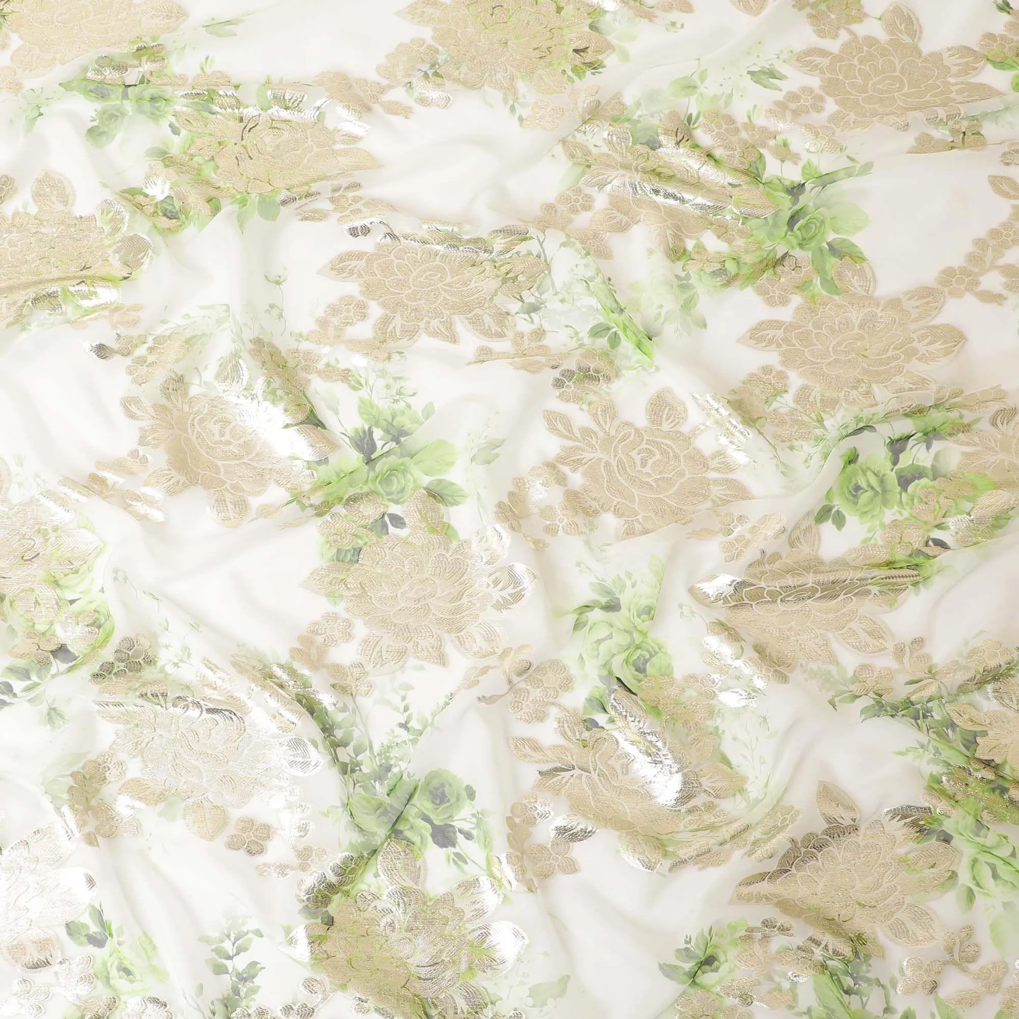 Off white pure silk chiffon fabric with pastel green print having gold metallic lurex in floral design-D8328