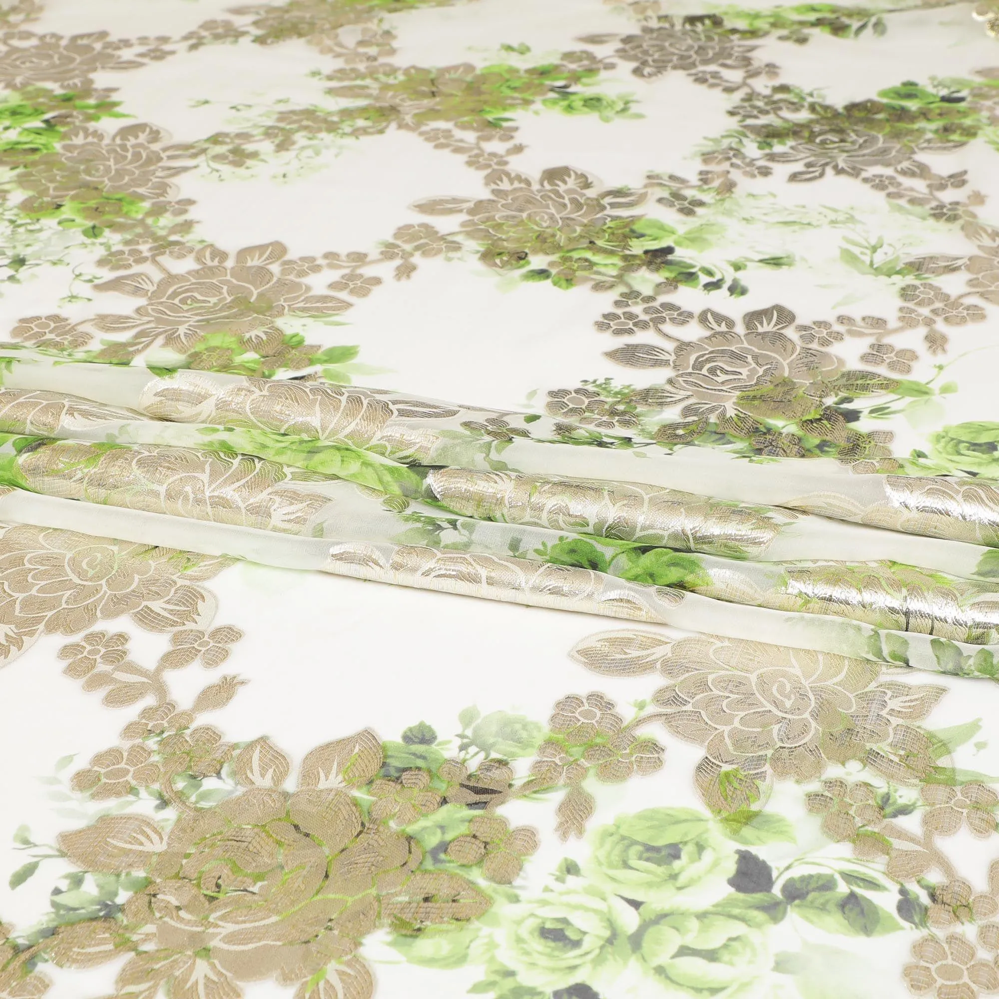 Off white pure silk chiffon fabric with pastel green print having gold metallic lurex in floral design-D8328