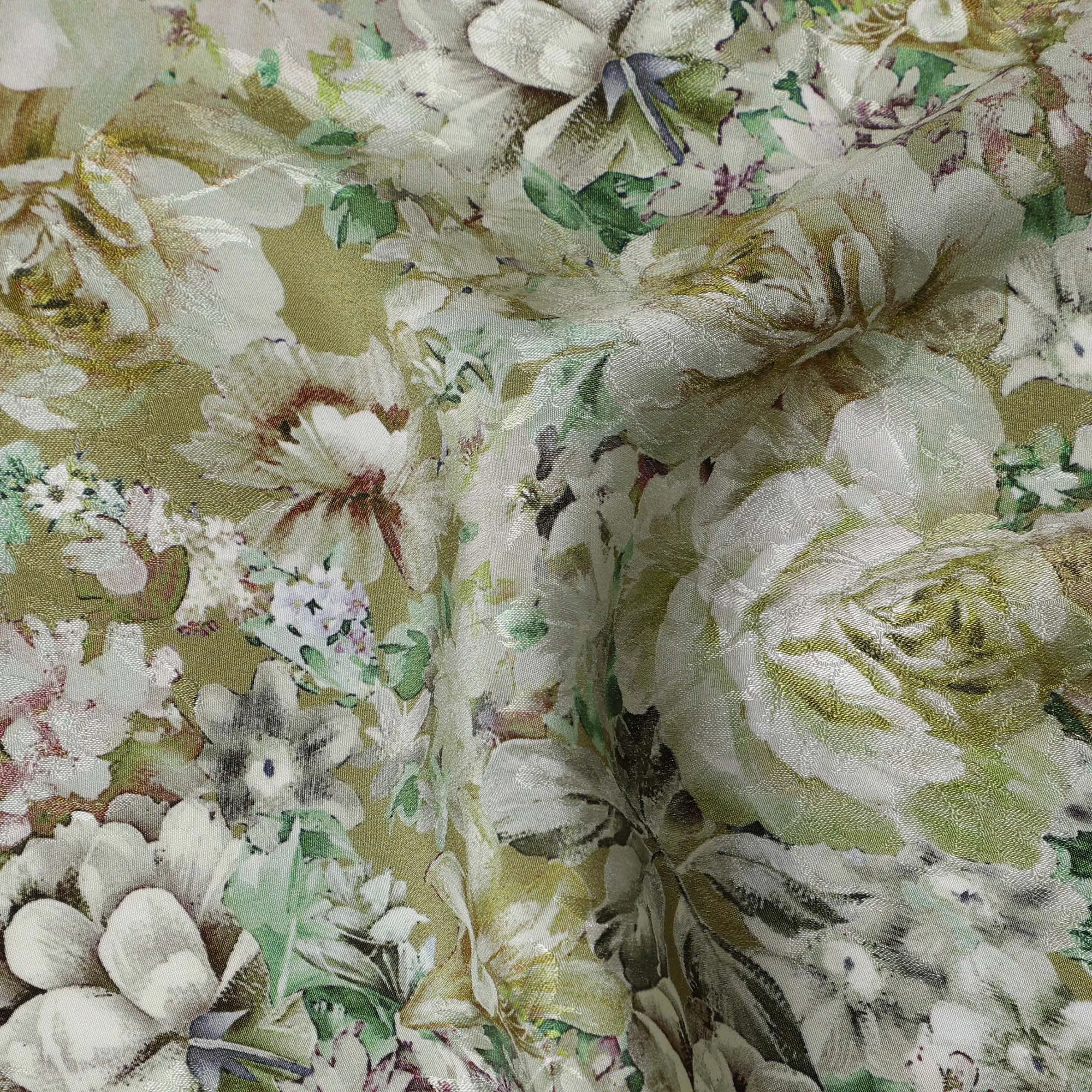 Olive Green Indian Viscose Modal Satin Fabric, Vintage Floral Print, 110 cm Width-D20932