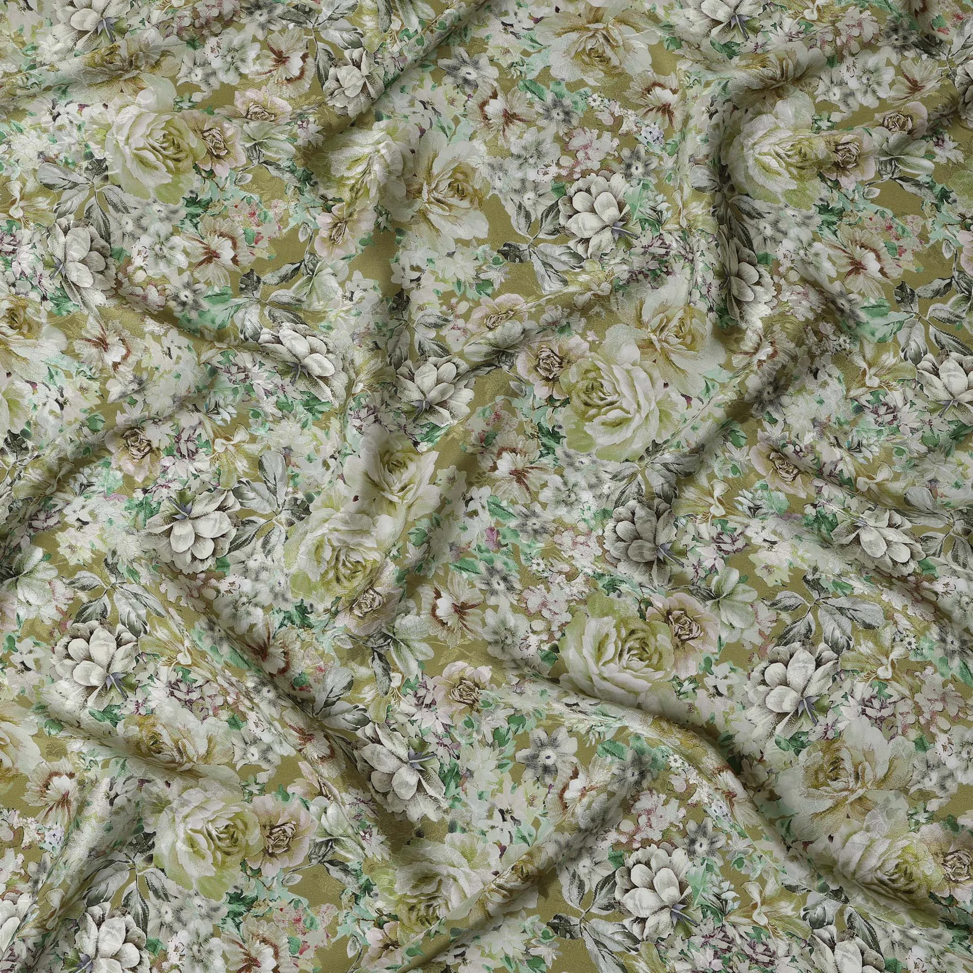 Olive Green Indian Viscose Modal Satin Fabric, Vintage Floral Print, 110 cm Width-D20932