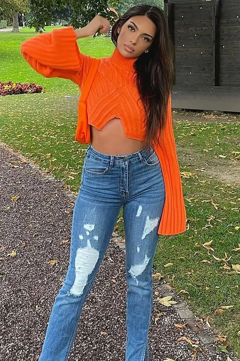 Orange Bell Sleeves Cropped Sweater