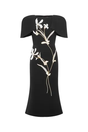 Orchids Trumpet Cape Sleeved Polyester Midi Dress