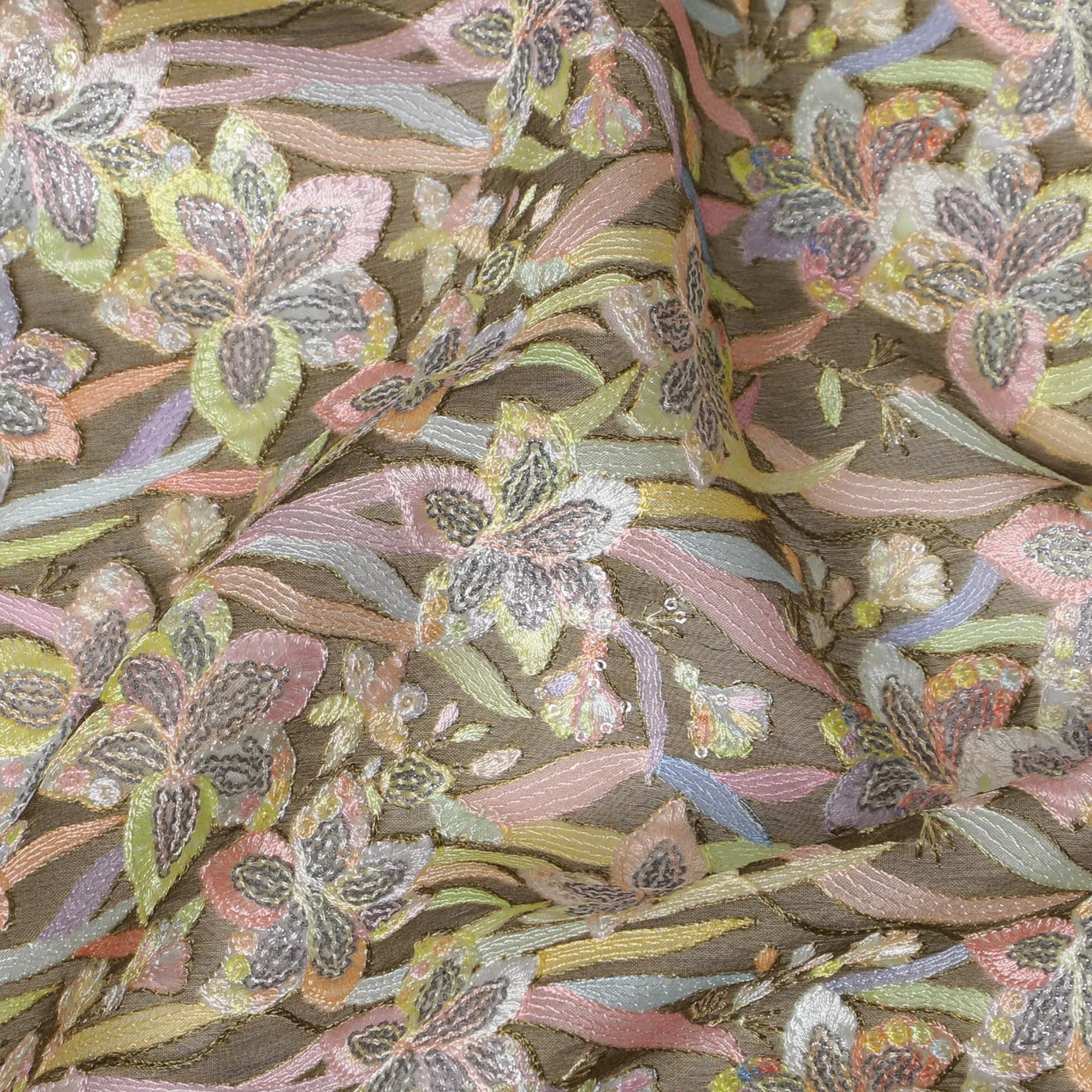 Pastel Floral Embroidered Silk Organza Fabric - 110 cm Wide - D19619