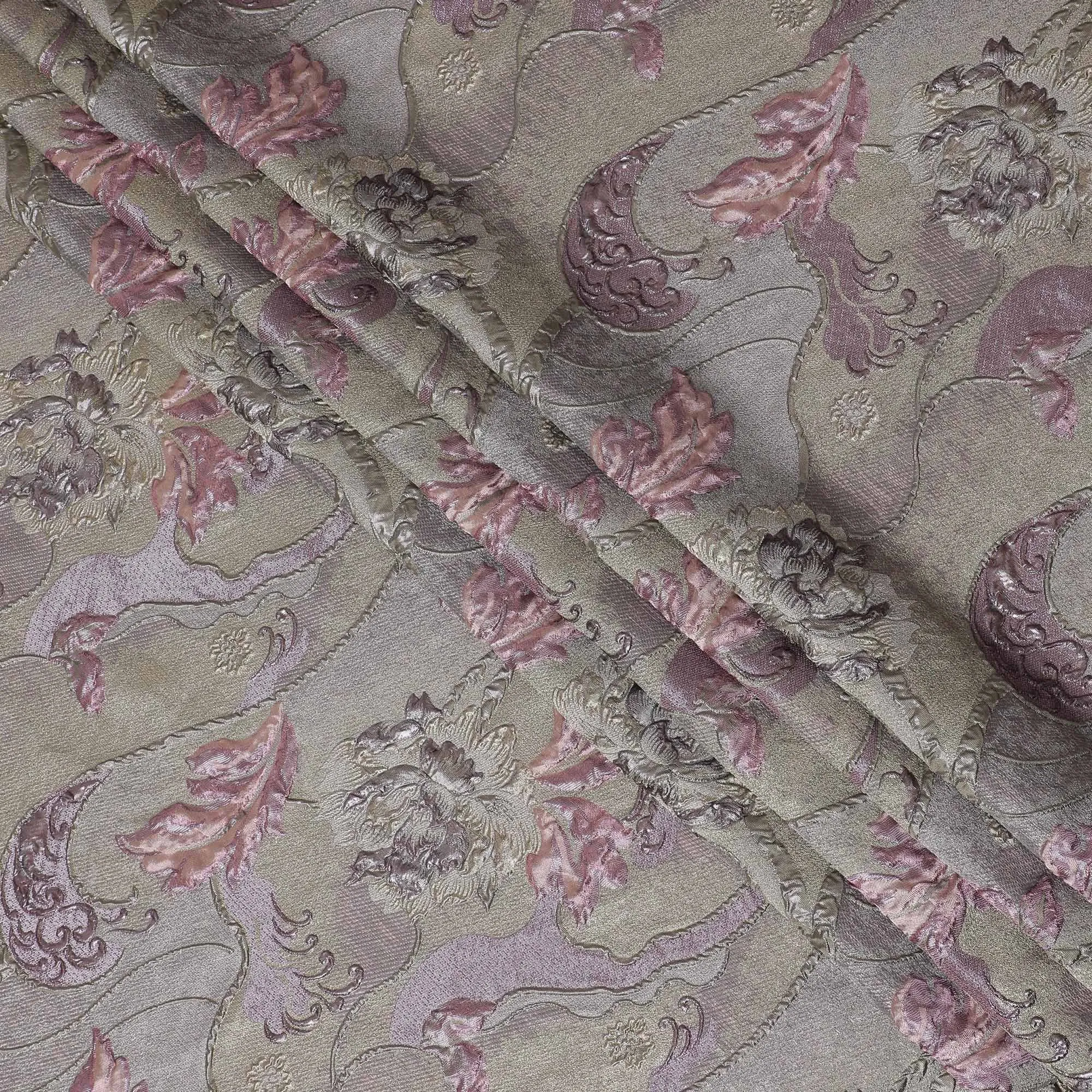 Pastel Gold and Rose Synthetic Brocade Fabric with Floral Swirl Design - 140 cm Width-D19804