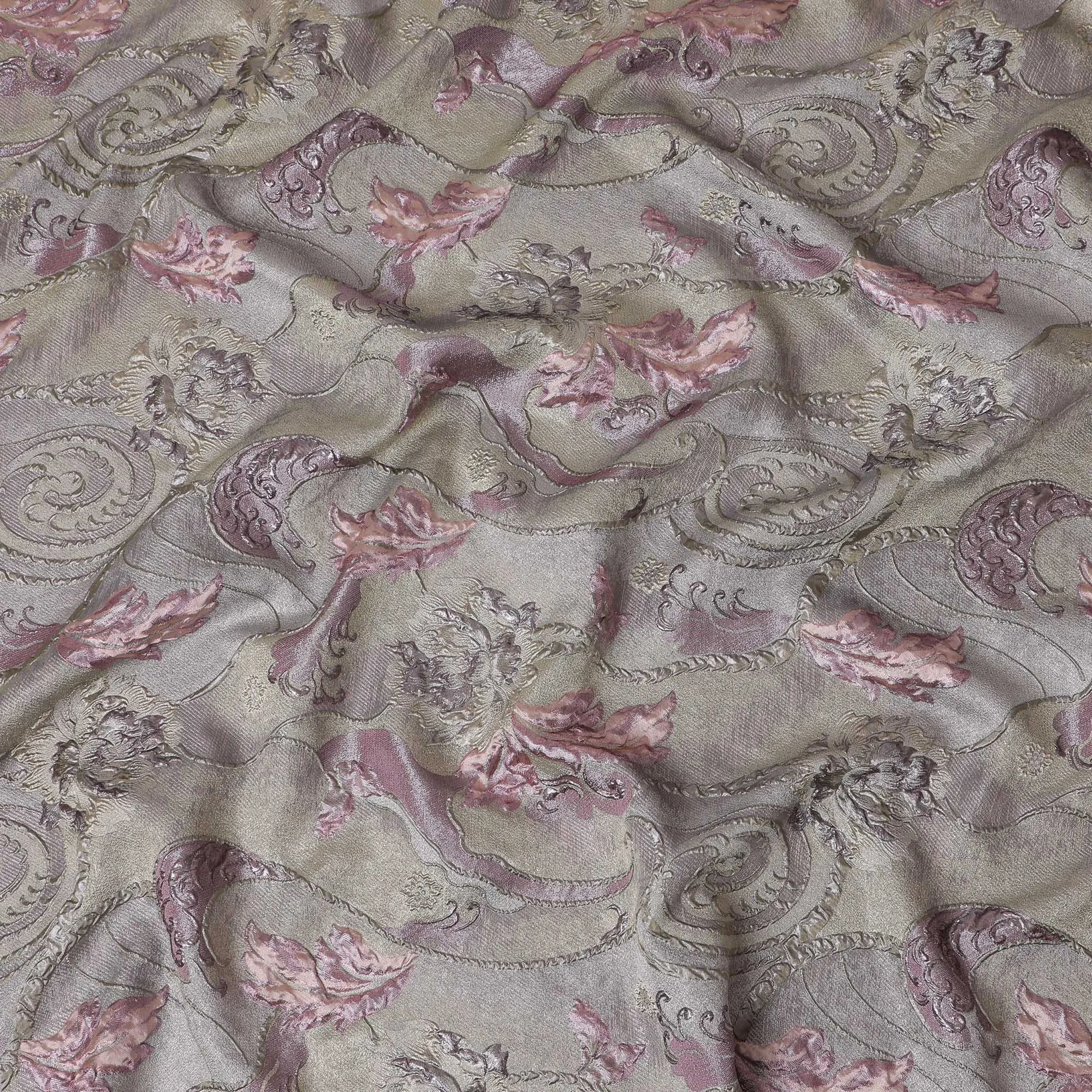 Pastel Gold and Rose Synthetic Brocade Fabric with Floral Swirl Design - 140 cm Width-D19804