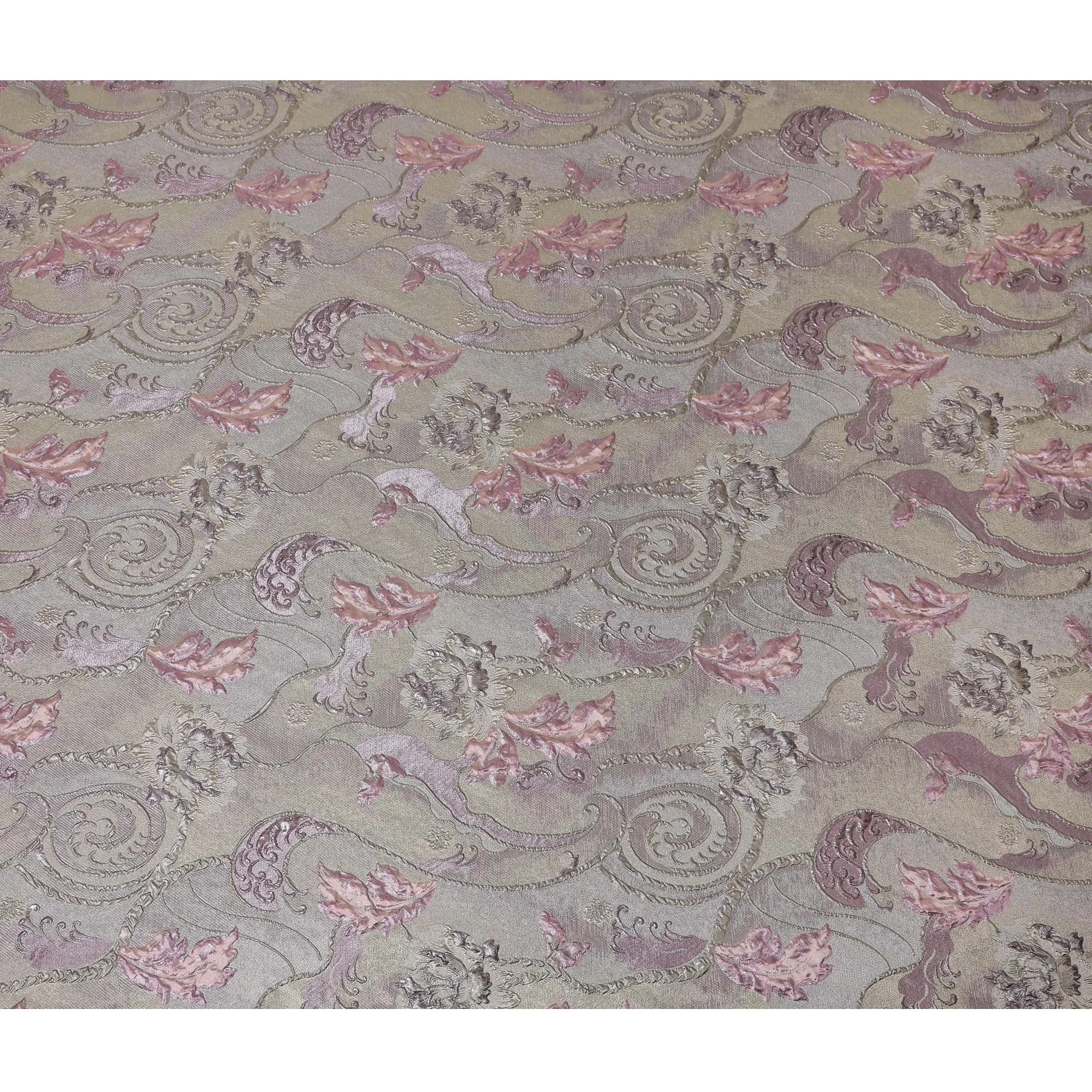 Pastel Gold and Rose Synthetic Brocade Fabric with Floral Swirl Design - 140 cm Width-D19804