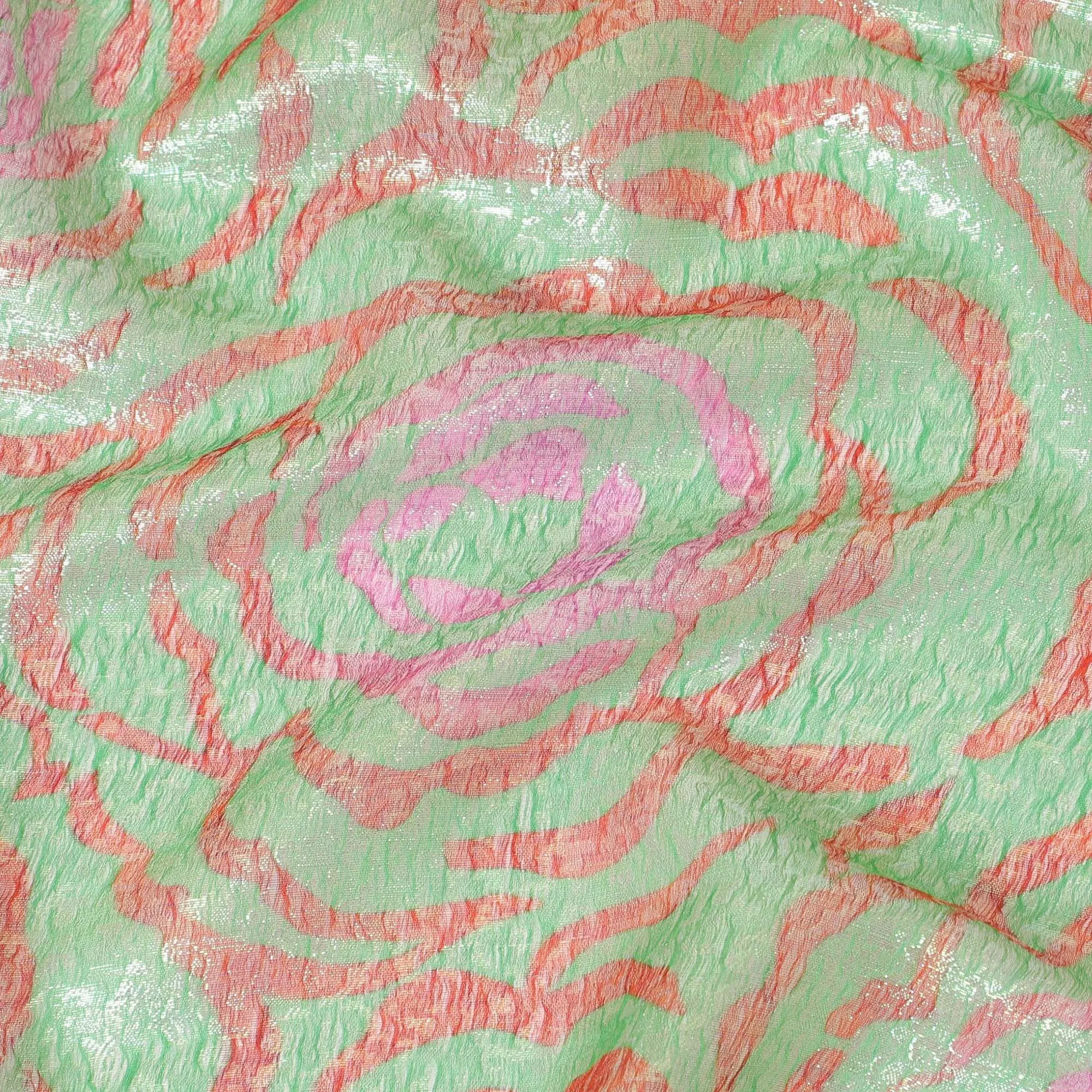 Pastel green pure silk chiffon fabric with brick red and hot pink print having gold metallic lurex in fancy design-D8983