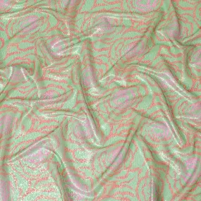 Pastel green pure silk chiffon fabric with brick red and hot pink print having gold metallic lurex in fancy design-D8983