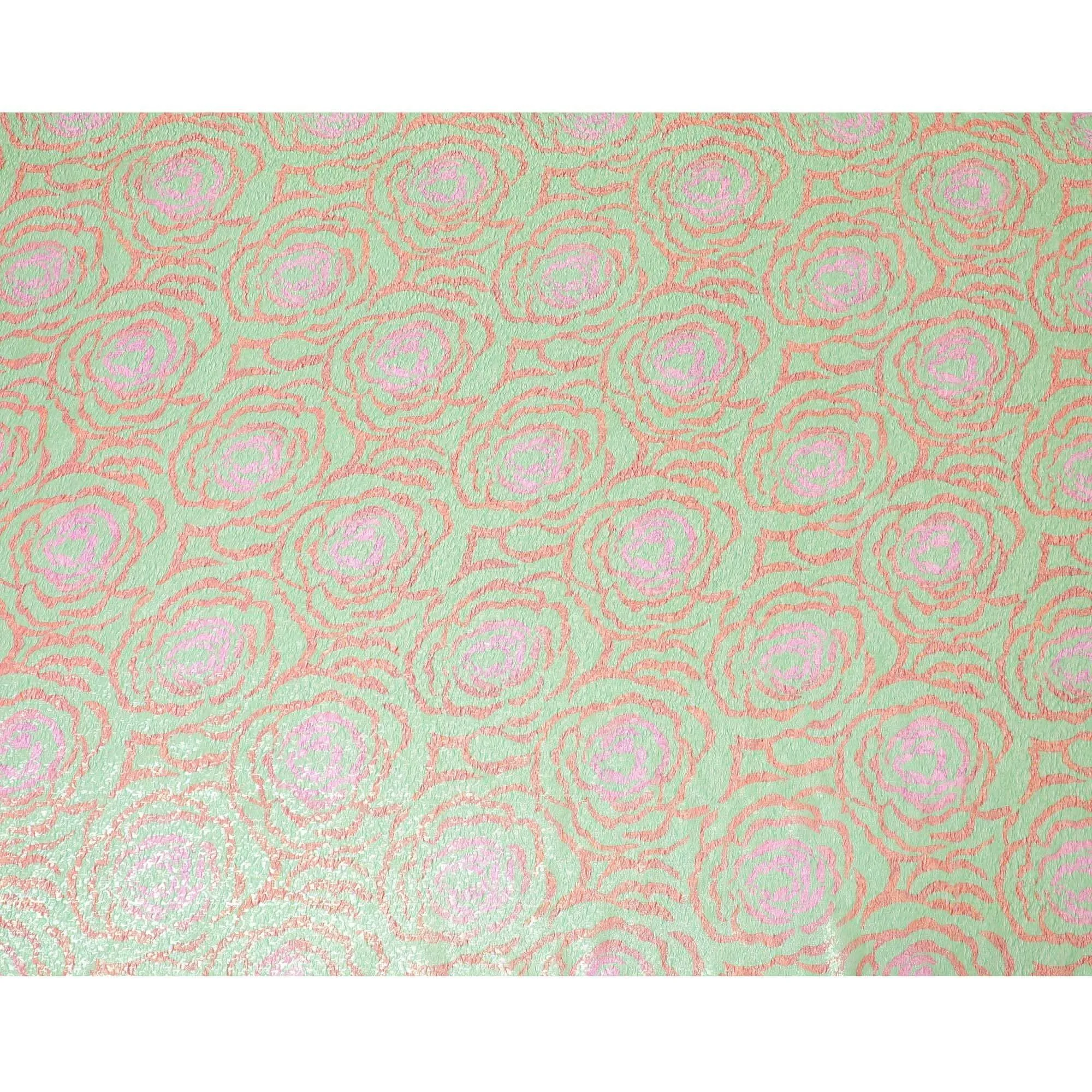 Pastel green pure silk chiffon fabric with brick red and hot pink print having gold metallic lurex in fancy design-D8983