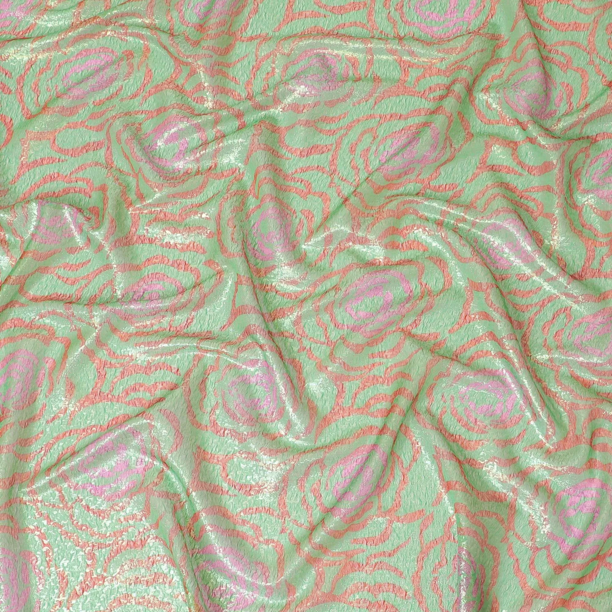 Pastel green pure silk chiffon fabric with brick red and hot pink print having gold metallic lurex in fancy design-D8983