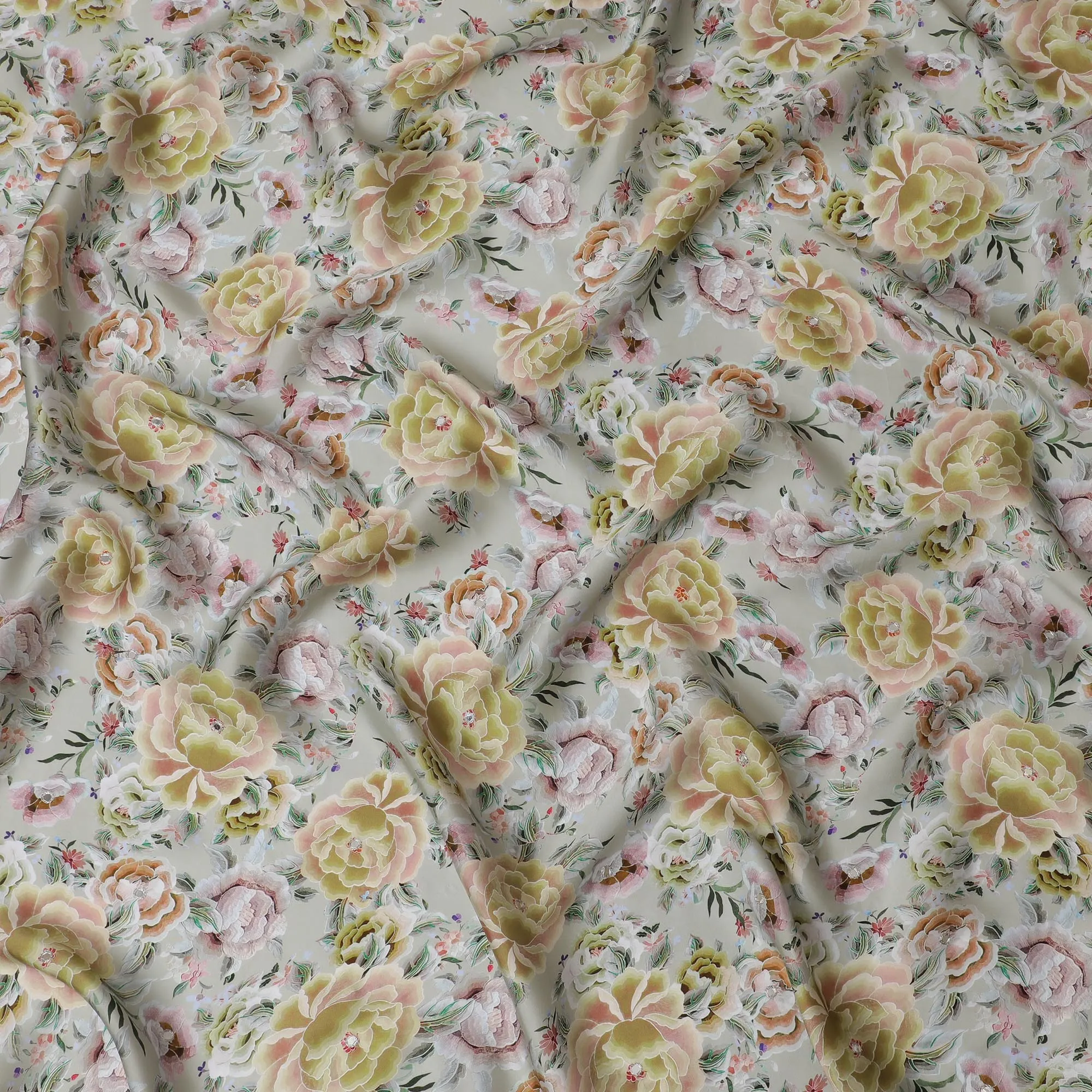 Pastel Peony Floral Viscose Modal Satin Fabric with Mirror Work - 110 cm Width-D20268