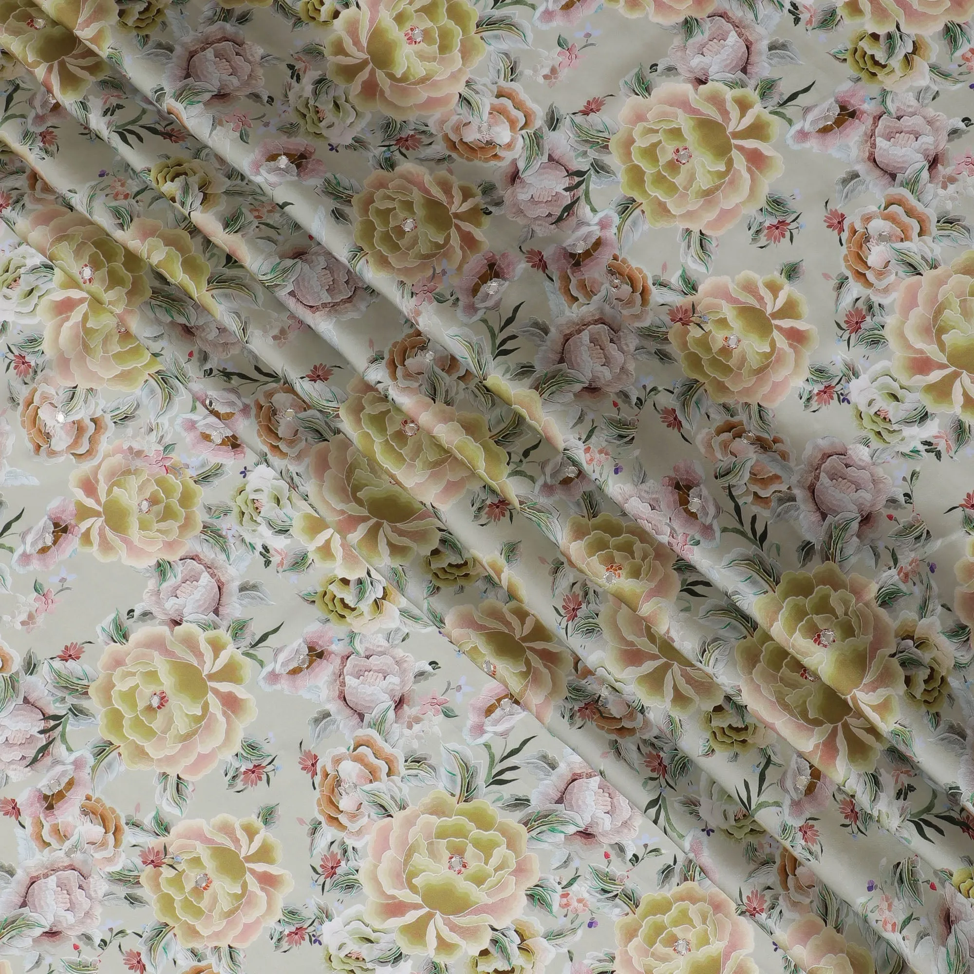 Pastel Peony Floral Viscose Modal Satin Fabric with Mirror Work - 110 cm Width-D20268