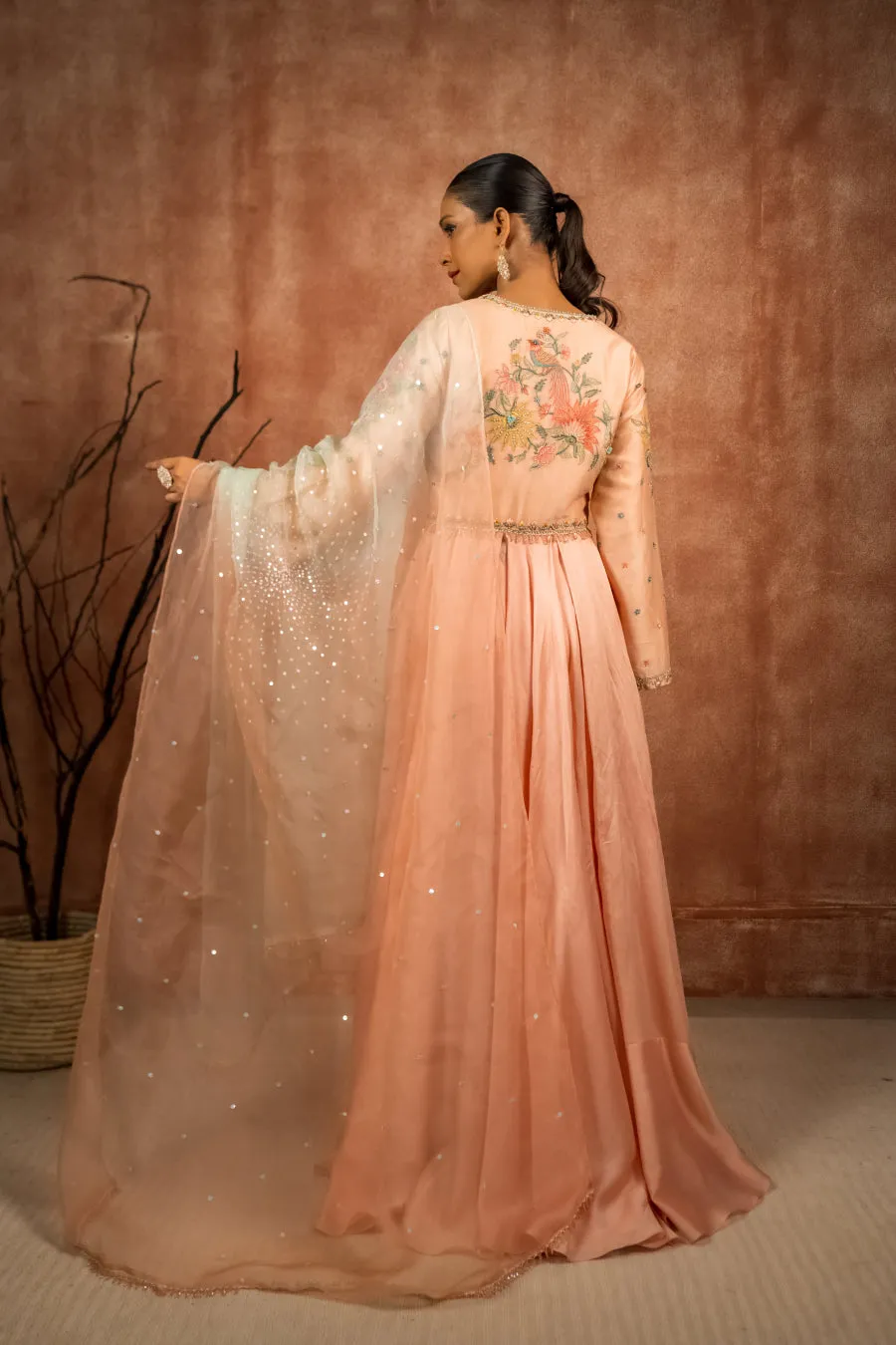 Peach and mint silk chanderi embroidered anarkali set