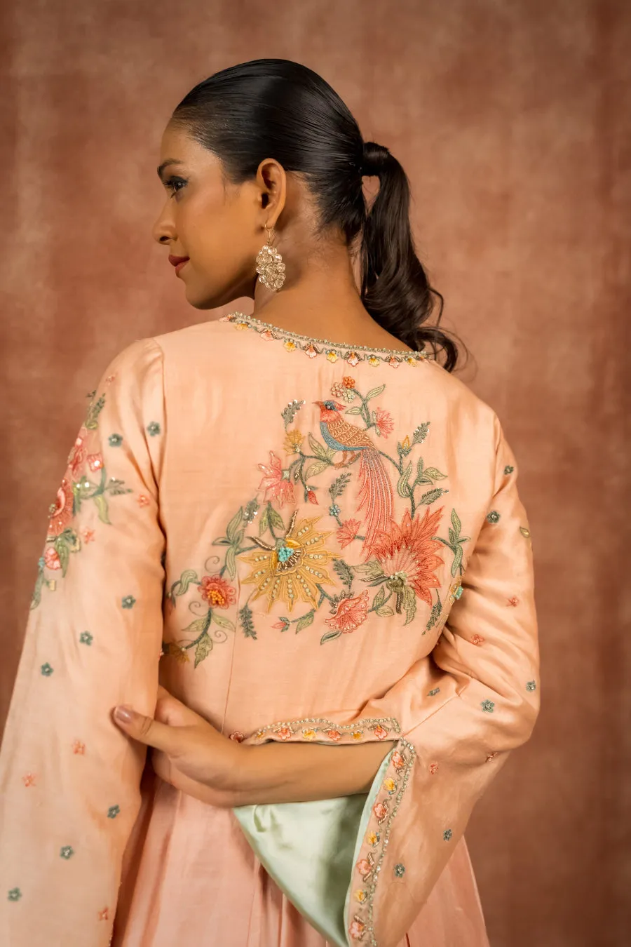 Peach and mint silk chanderi embroidered anarkali set