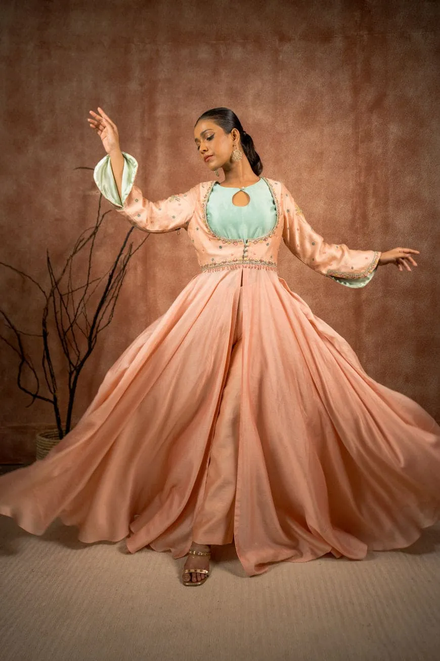 Peach and mint silk chanderi embroidered anarkali set