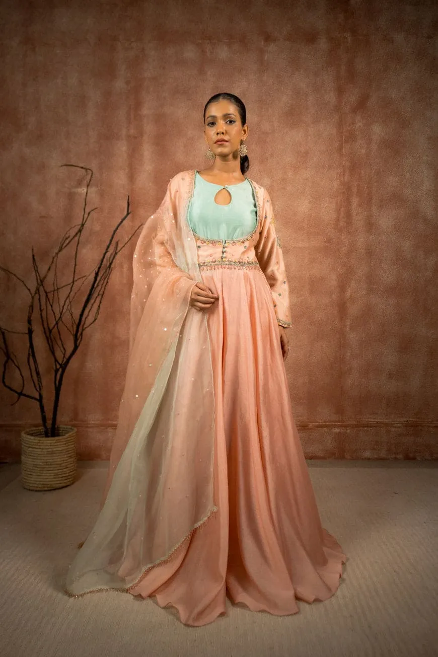 Peach and mint silk chanderi embroidered anarkali set