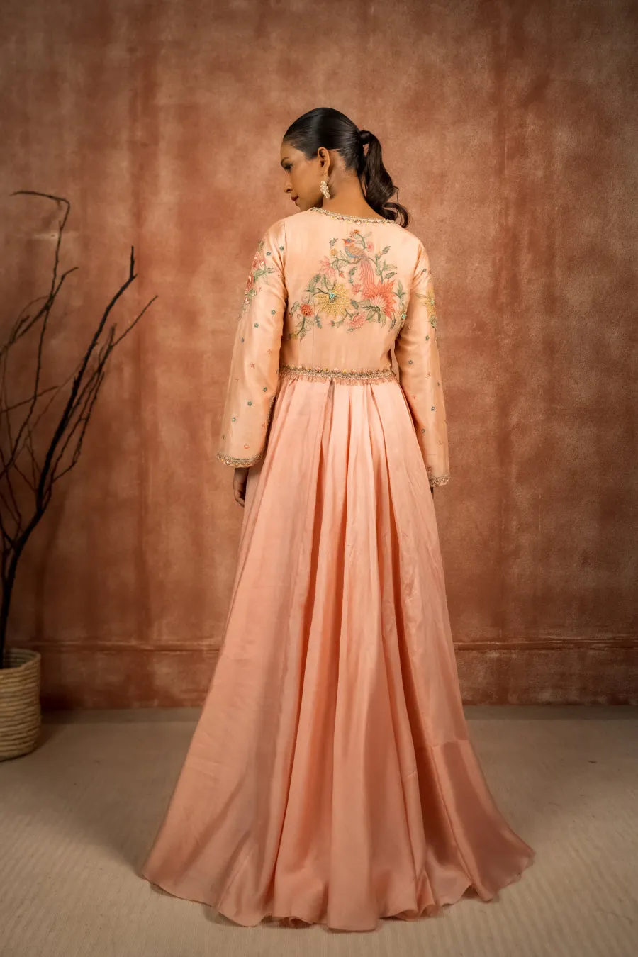 Peach and mint silk chanderi embroidered anarkali set