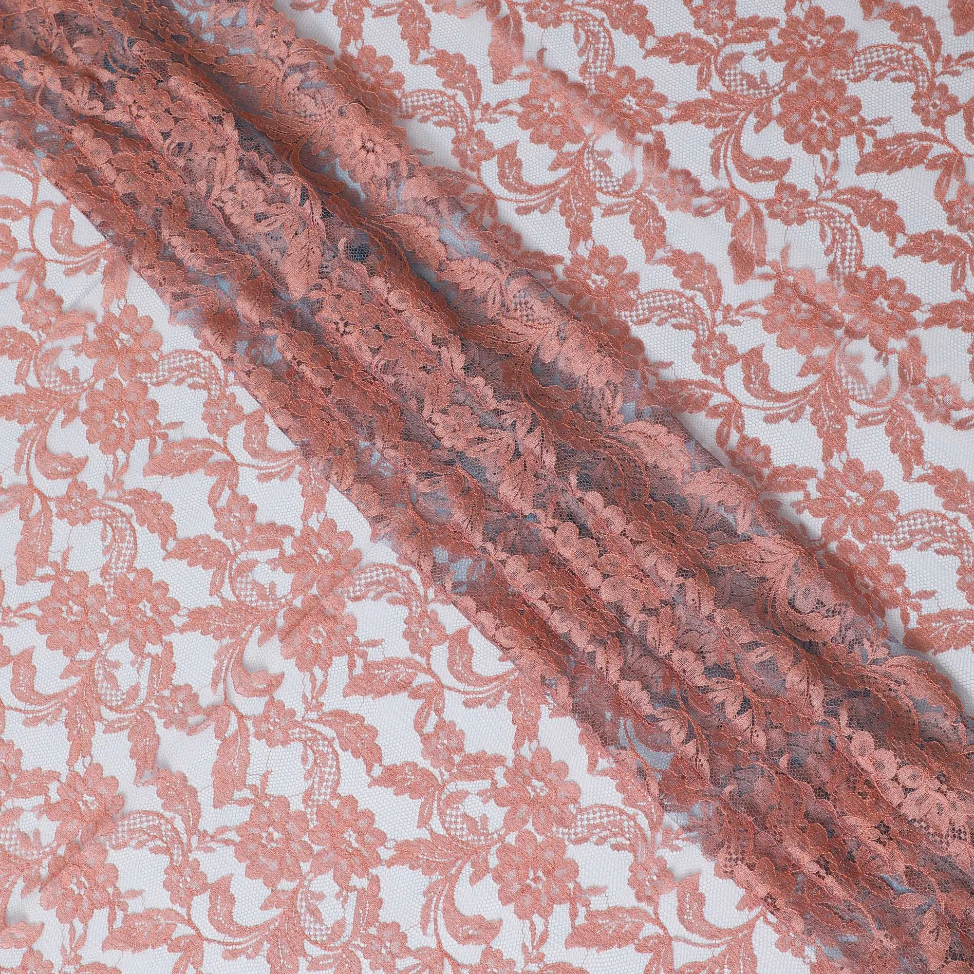 Peach, sky blue Premium pure two tone French Chantilly lace fabric in floral design-D14041S