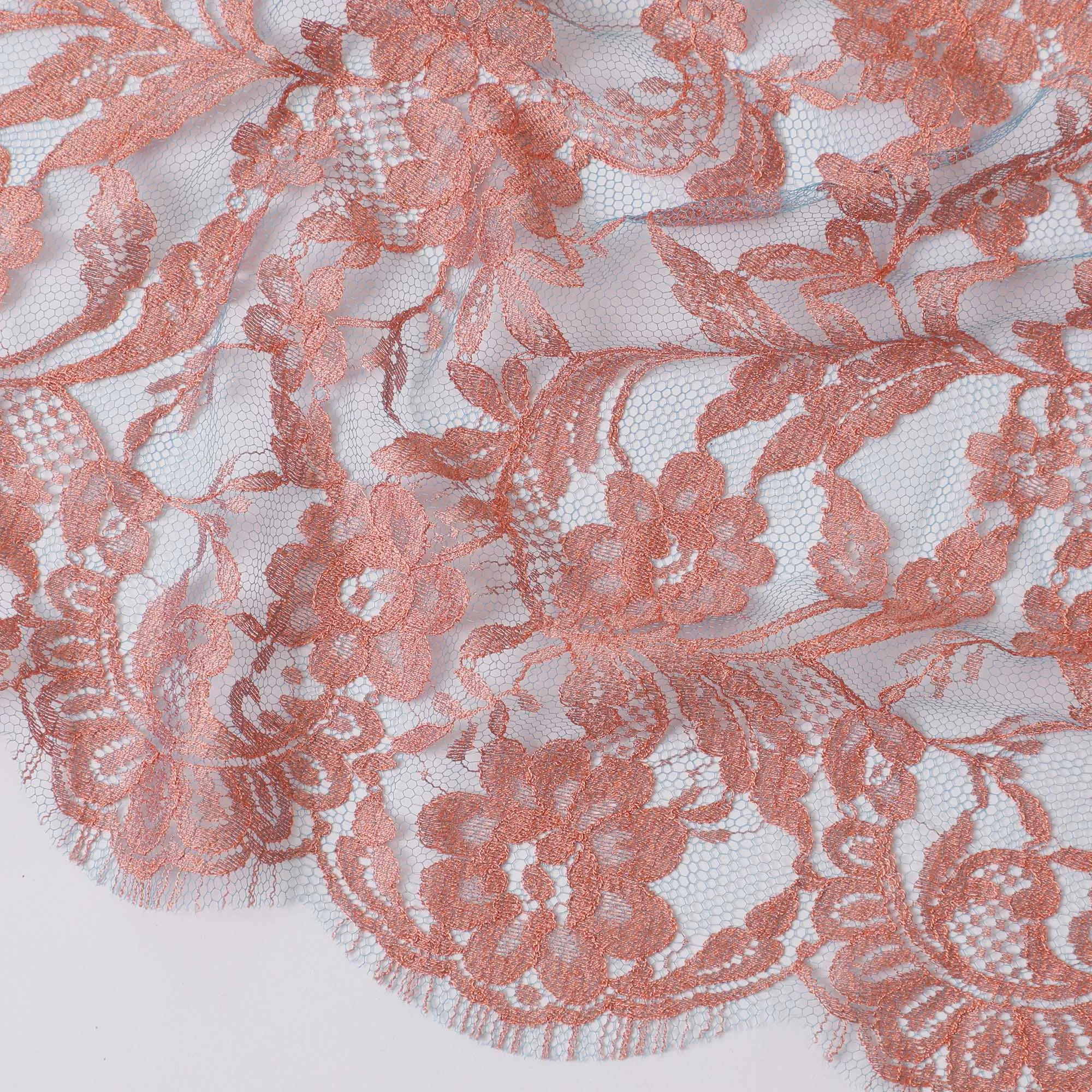 Peach, sky blue Premium pure two tone French Chantilly lace fabric in floral design-D14041S