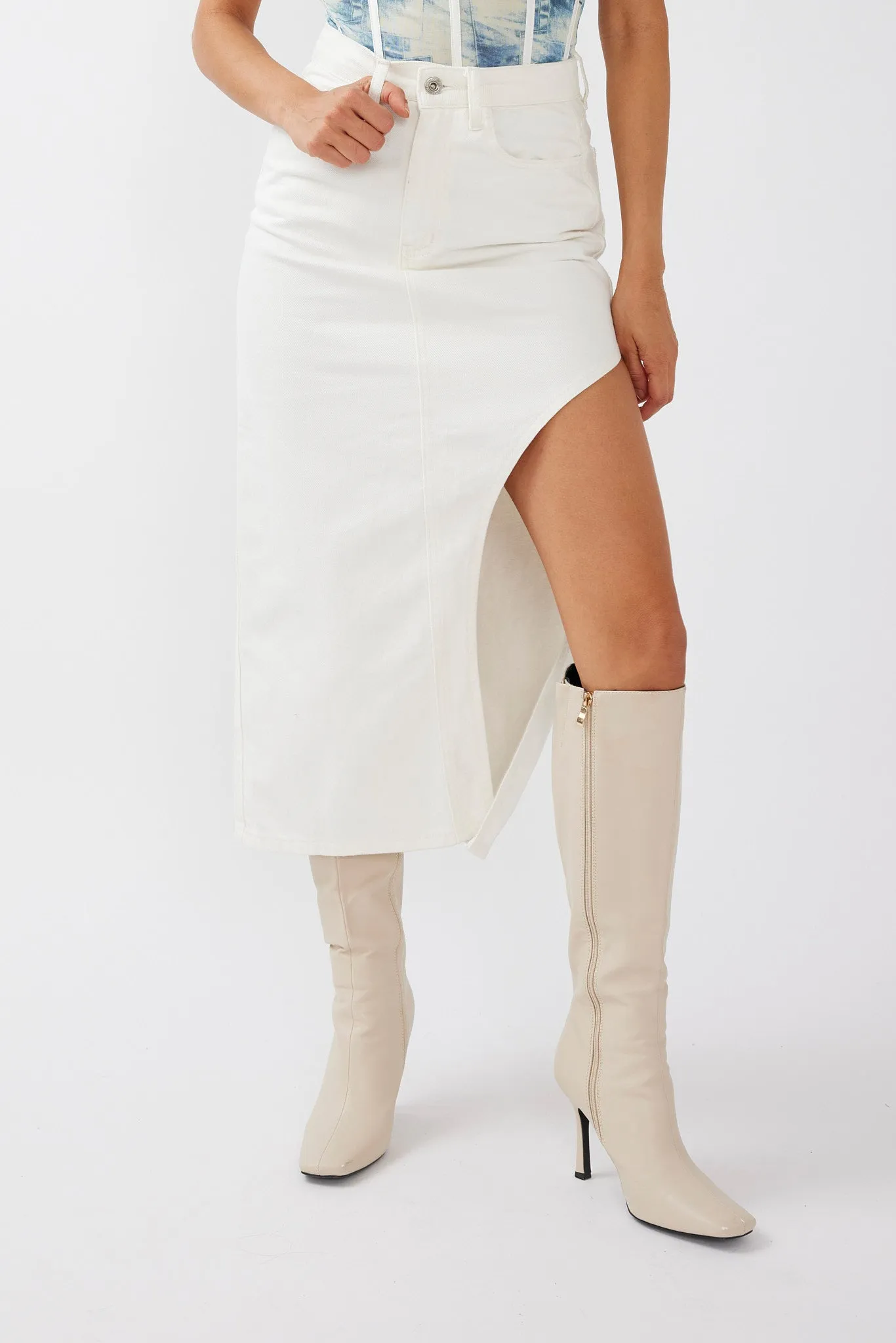 Peachy Keen Cut-Out Split Midi Skirt White