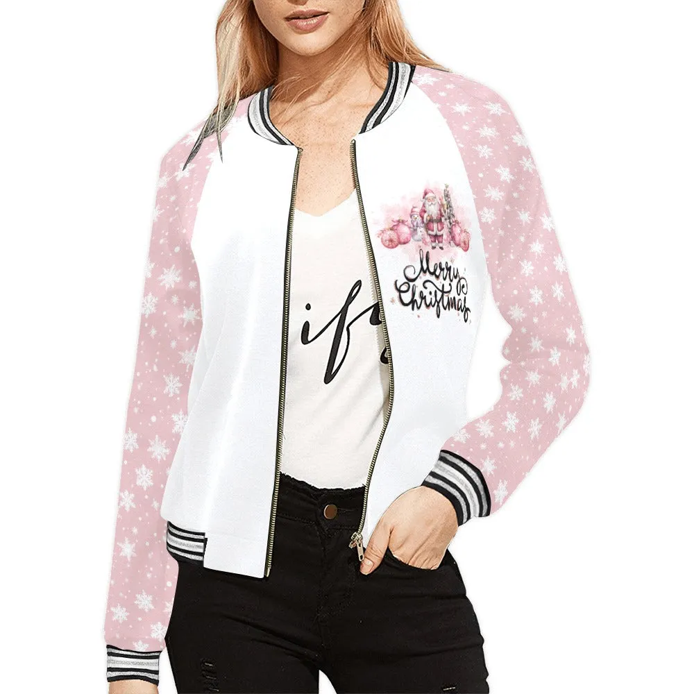 Pink Christmas Santa Snowflakes Bomber Jacket for Women