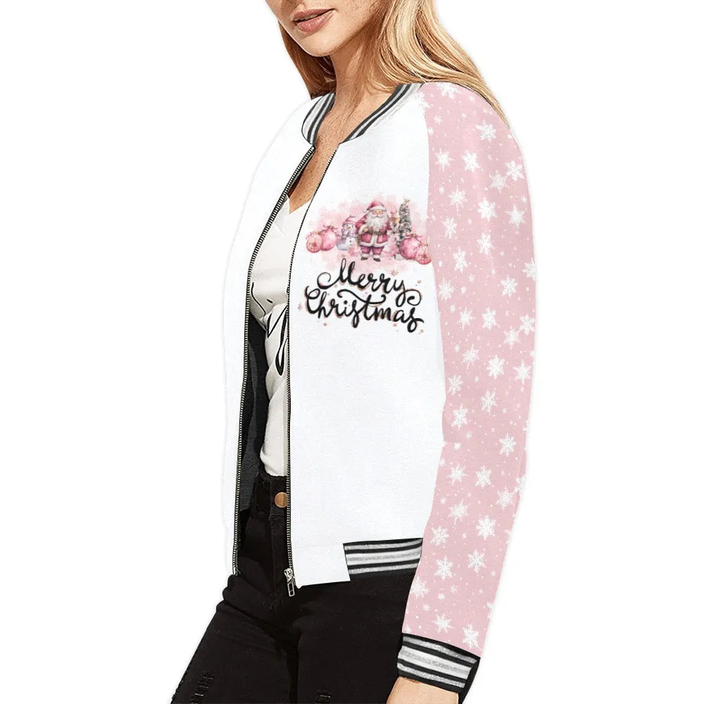 Pink Christmas Santa Snowflakes Bomber Jacket for Women