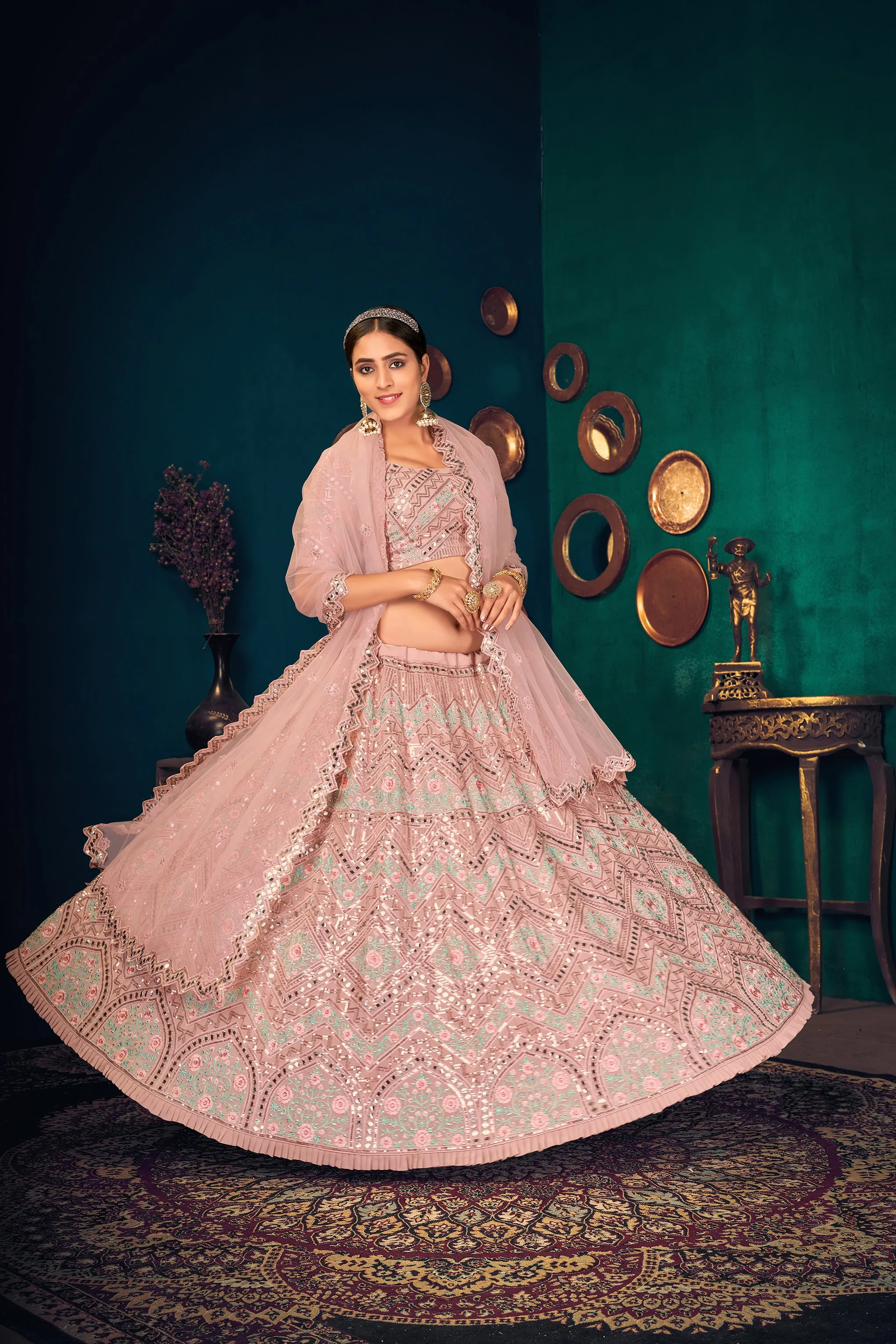 Pink Zarkan, Sequins And Thread Embroidered Crepe Silk Semi Stitched Lehenga