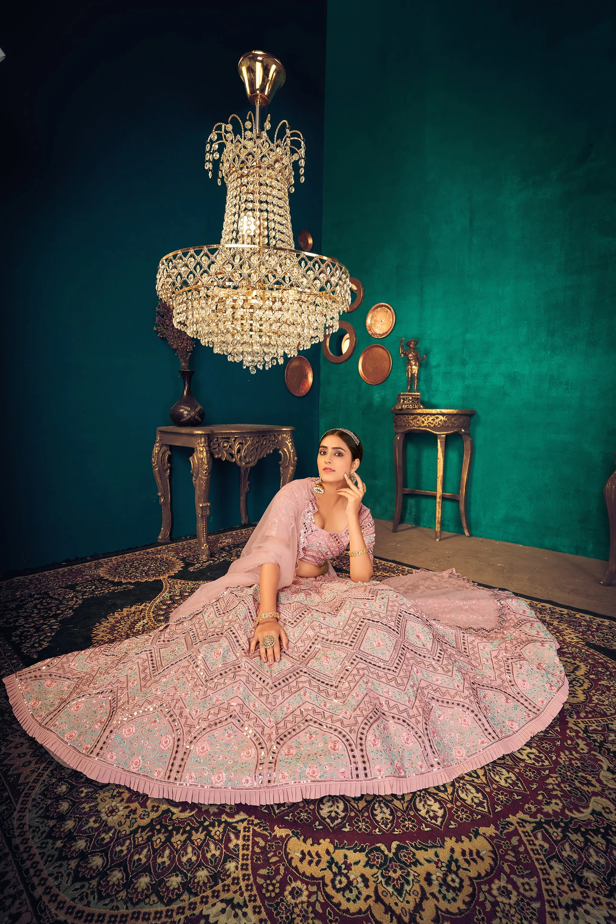 Pink Zarkan, Sequins And Thread Embroidered Crepe Silk Semi Stitched Lehenga