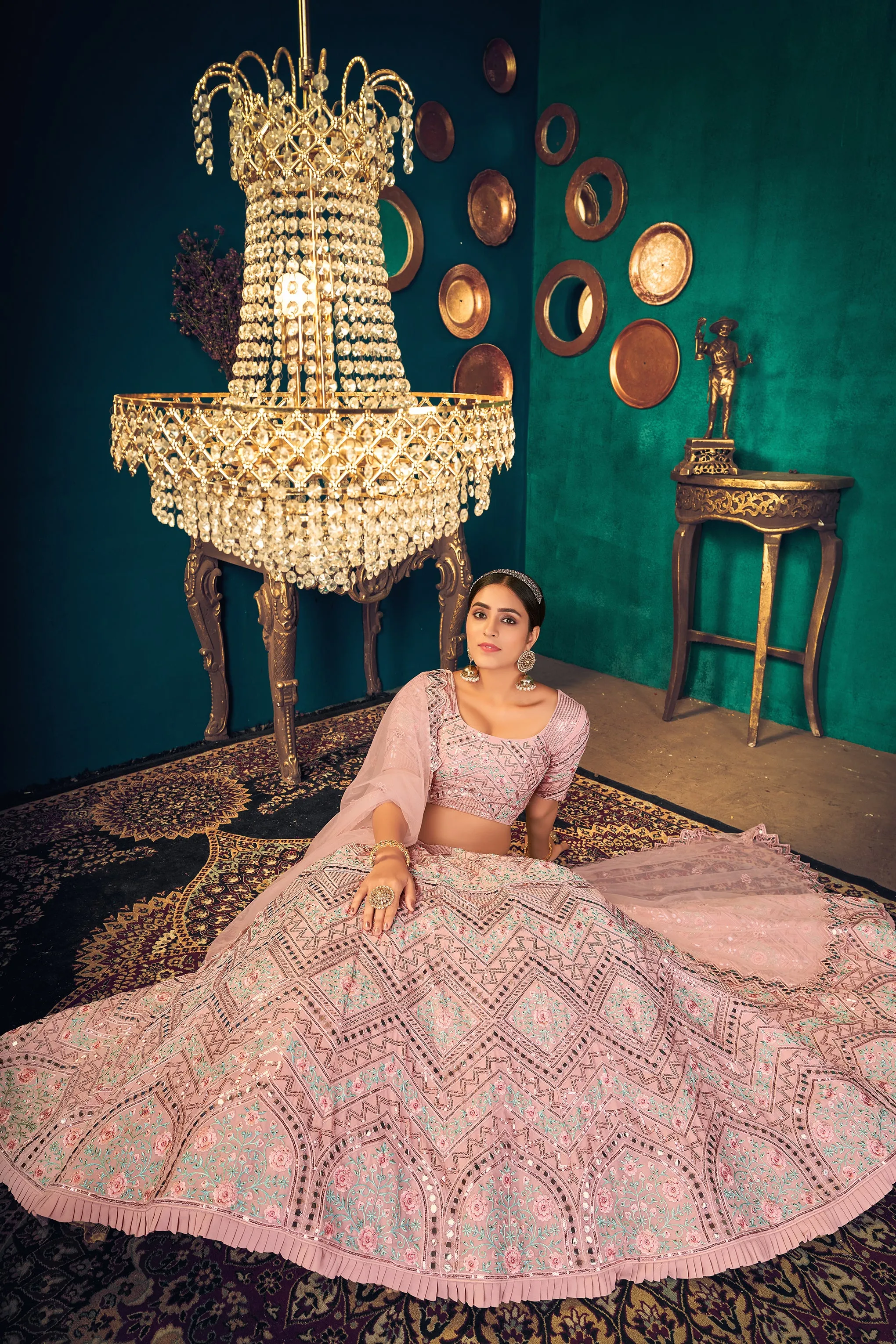 Pink Zarkan, Sequins And Thread Embroidered Crepe Silk Semi Stitched Lehenga