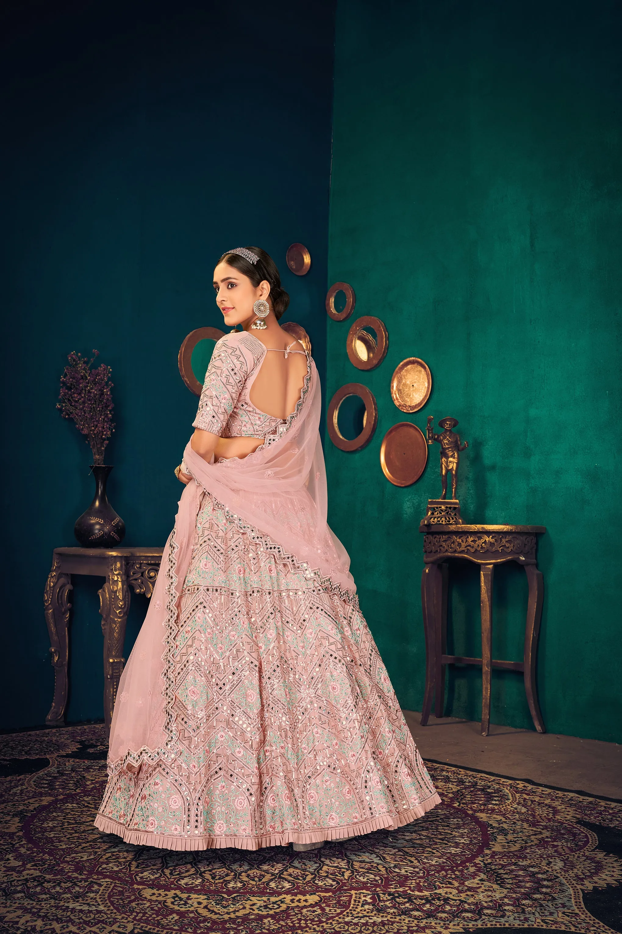 Pink Zarkan, Sequins And Thread Embroidered Crepe Silk Semi Stitched Lehenga